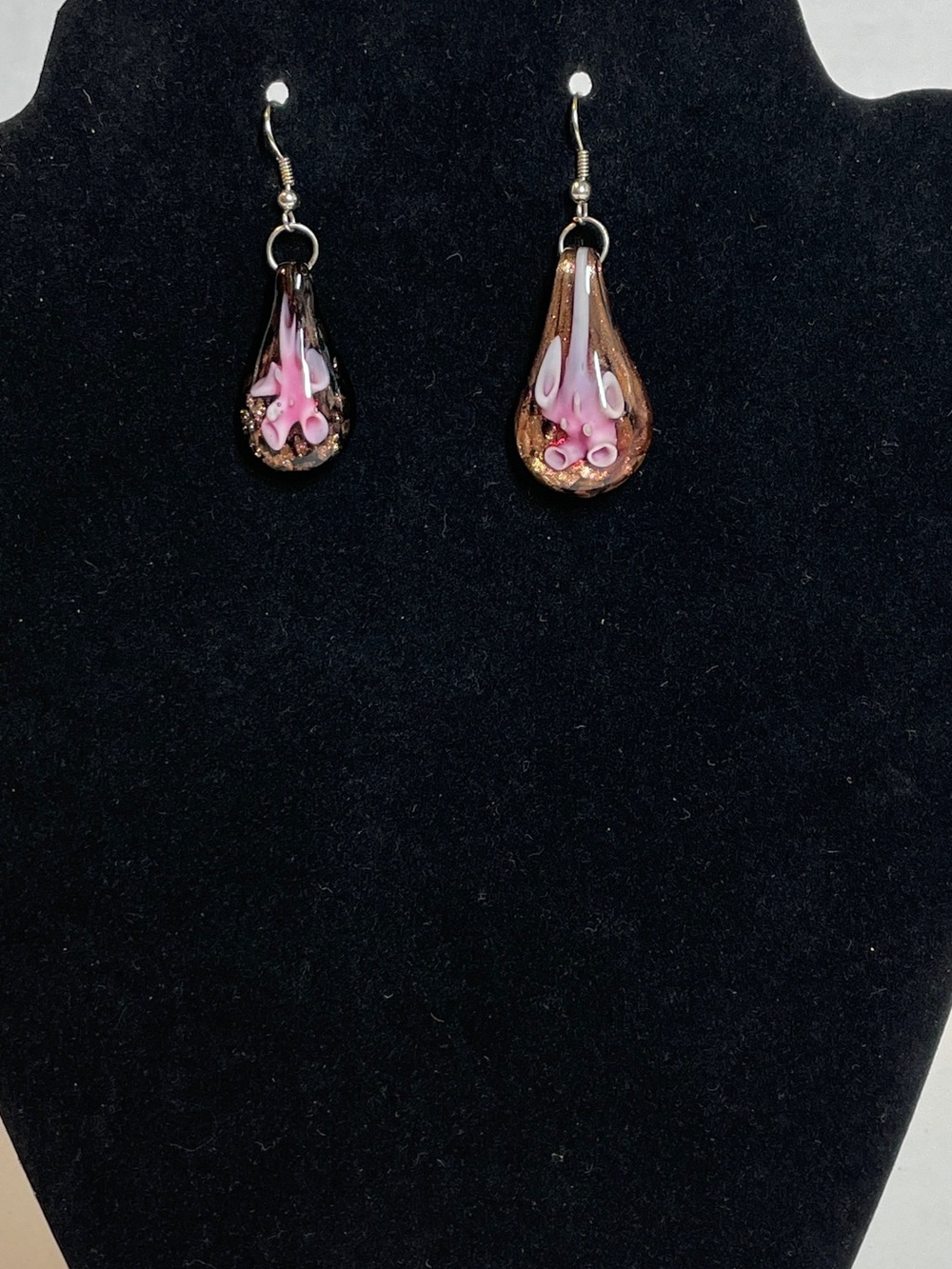 Vintage Murano Style Hand blown Flower Floral Swirl Foil earrings ear ~1”